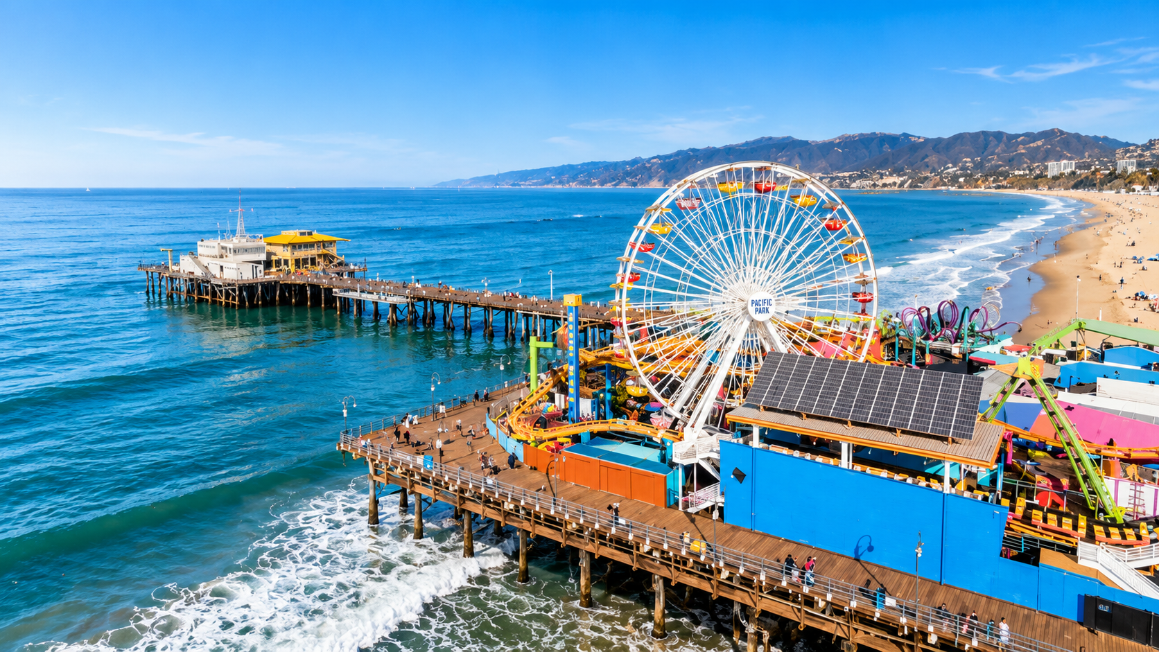 Santa Monica-inspired coastline, palms and coastal transportation corridor